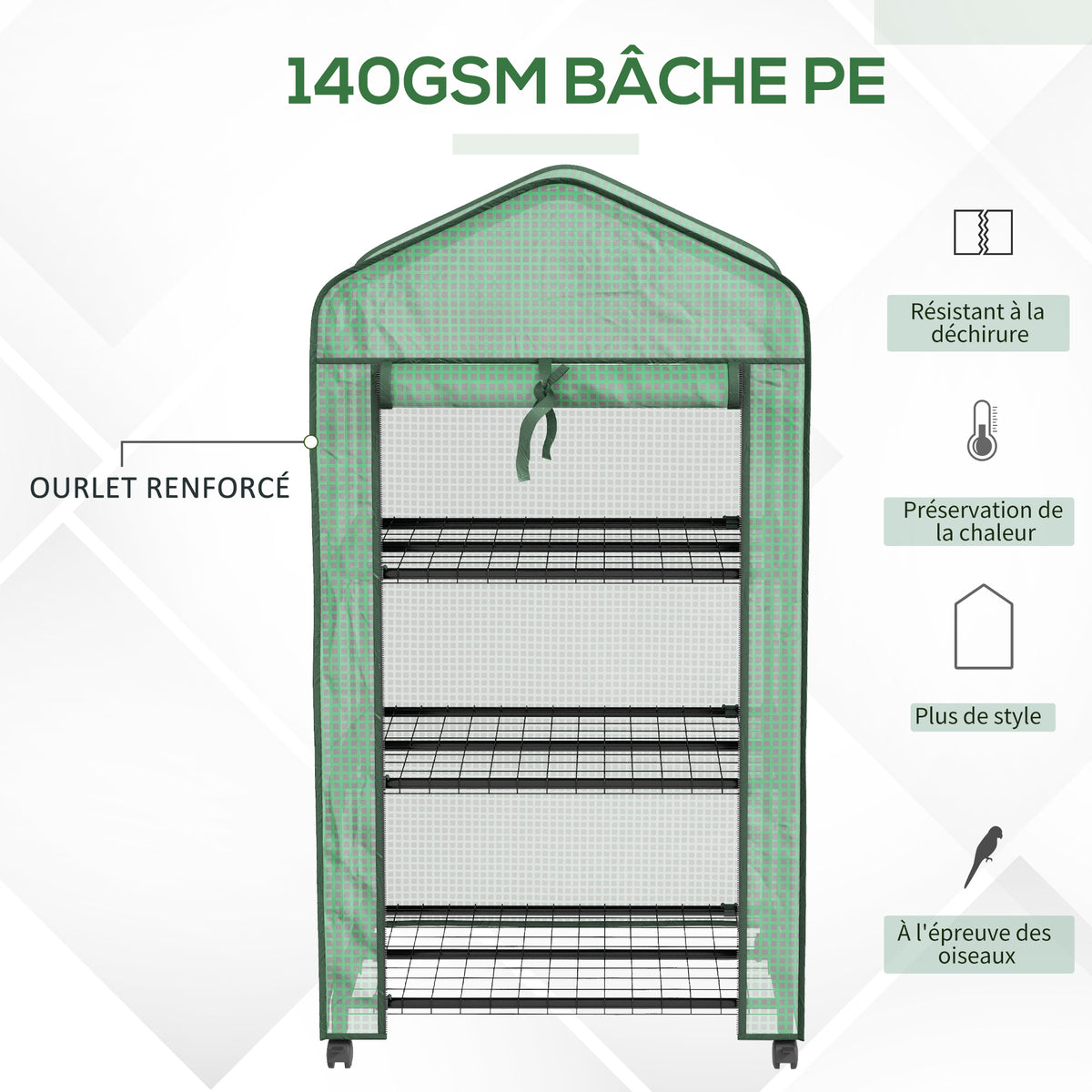 Mini serre de jardin avec 3 étagères, bâche PE haute densité, porte enroulable, 4 roulettes, dim. 69L x 49l x 130H cm-4