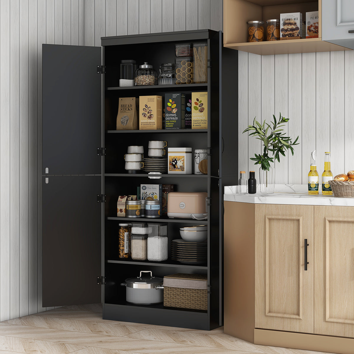 Buffet haut cuisine, armoire de cuisine avec 4 portes à 6 niveaux et étagères réglables, 76 x 40 x 176,7 cm, noir-1