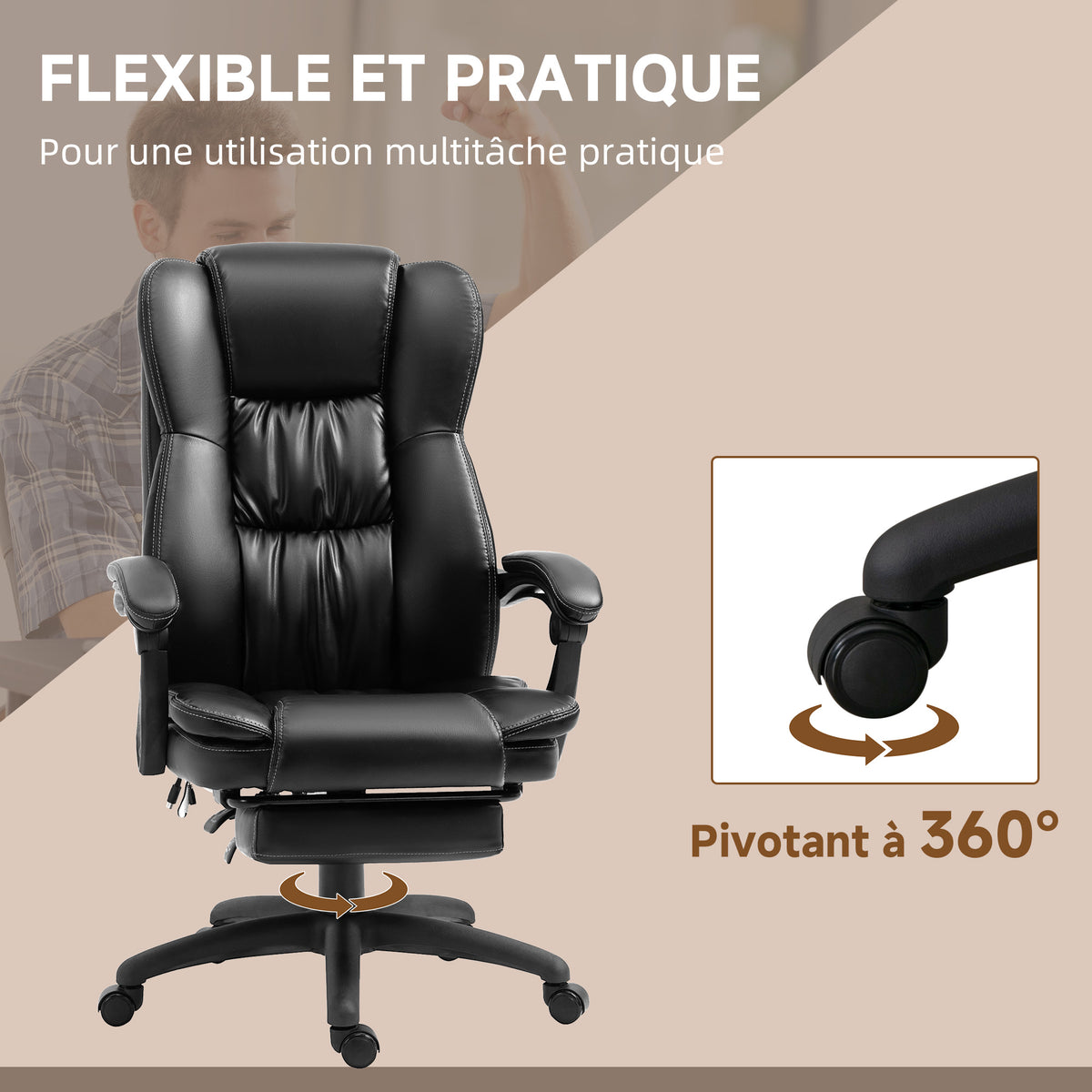 Fauteuil de bureau massant, chaise de bureau avec hauteur réglable, dossier inclinable et télécommande filaire, noir-6