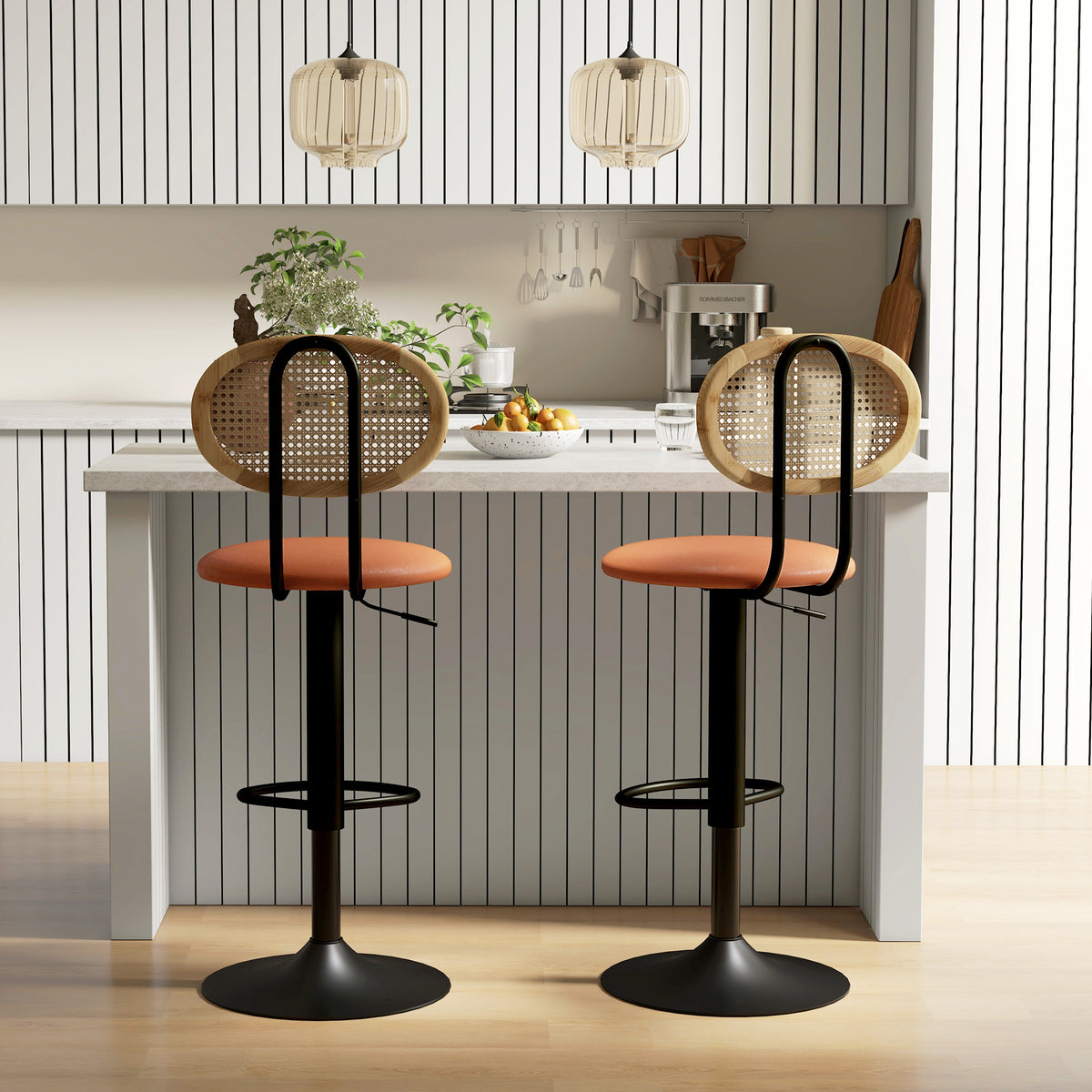 Lot de 2 tabourets de bar chaises de bar hauteur réglable avec dossier en rotin et repose-pieds, marron-6