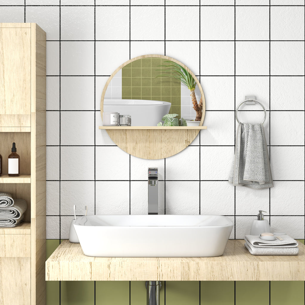 Miroir rond mural de salle de bain avec 1 étagère de rangement - Ø 45 x 10H cm - panneau de particules-1