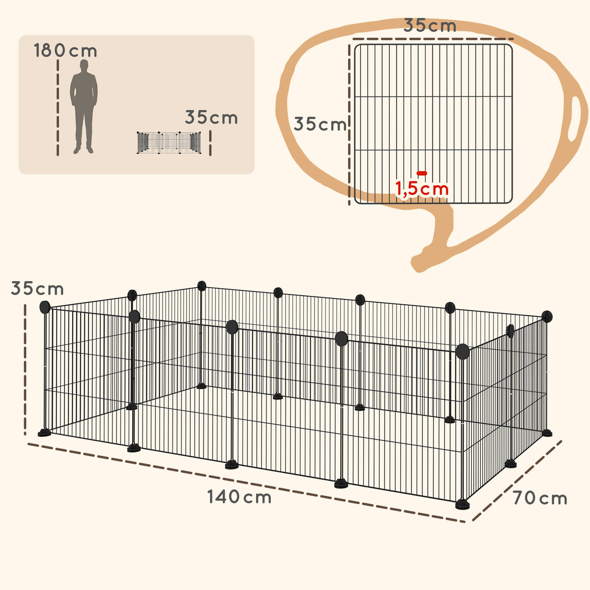 Cage parc enclos pour animaux domestiques bords arrondis fil en acier 140 x 70 x 35 cm noir-2