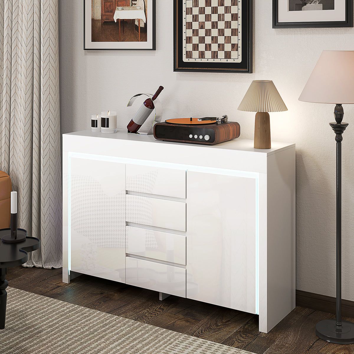 Buffet salon, meuble de rangement avec éclairage LED 4 tiroirs portes à fermeture douce 120 x 34 x 80 cm, blanc brillant-9