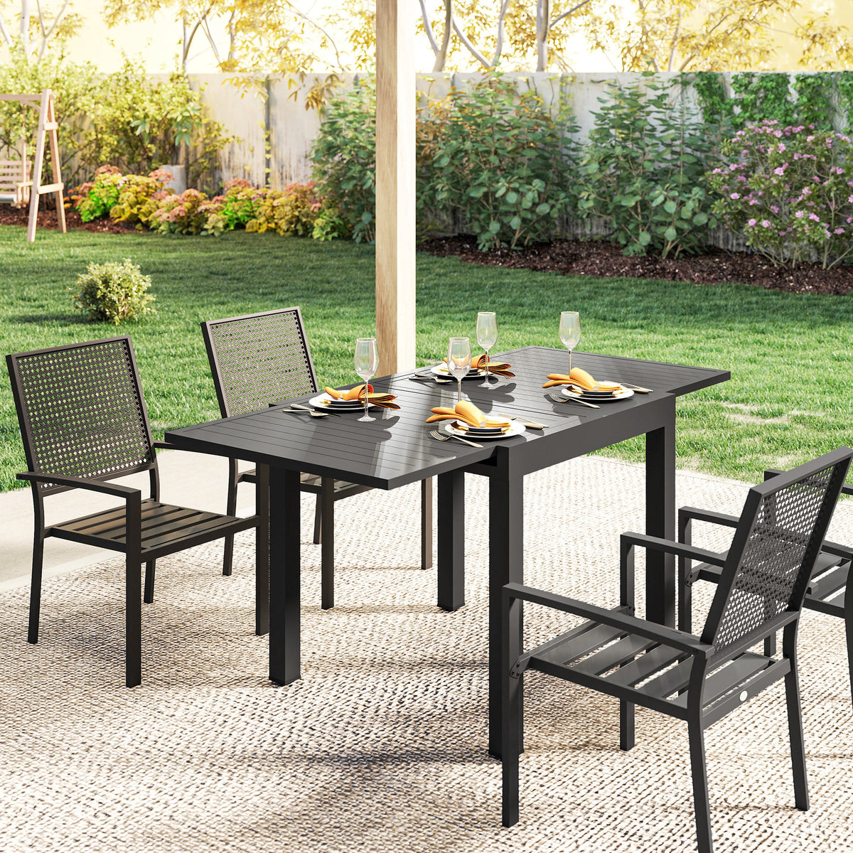 Table de jardin extensible table extérieur pour 4-6 personnes avec rallonge auto-stockée aluminium 80-160 x 80 cm noir-8