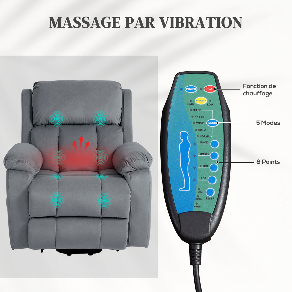 Fauteuil releveur électrique avec fonction massage et chaleur inclinaison réglable revêtement synthétique tissu gris-4
