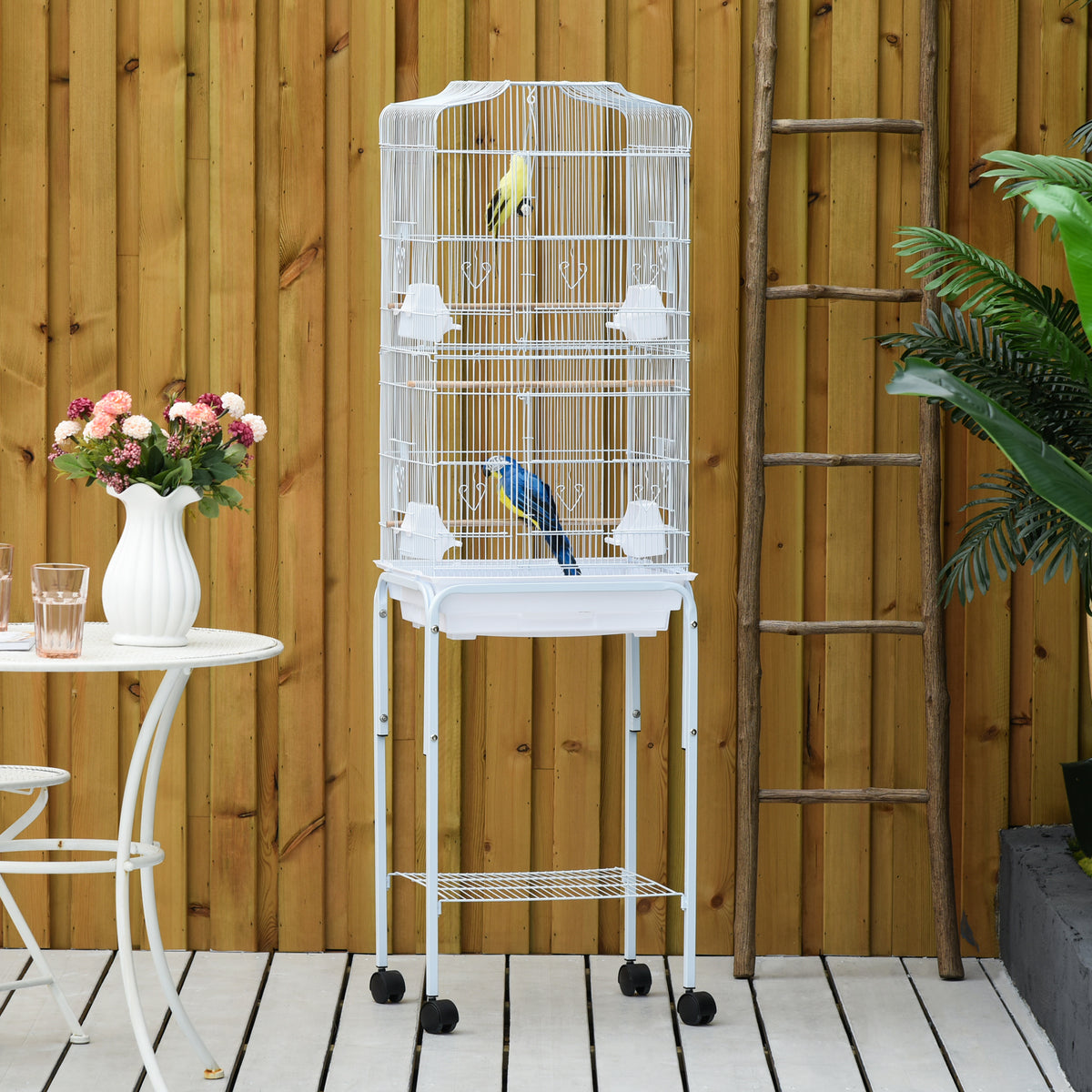 Cage à oiseaux sur pied volière oiseaux sur roulettes toit ouvrant 3 perchoirs étagère inférieure 46,5x36x157cm blanc-1