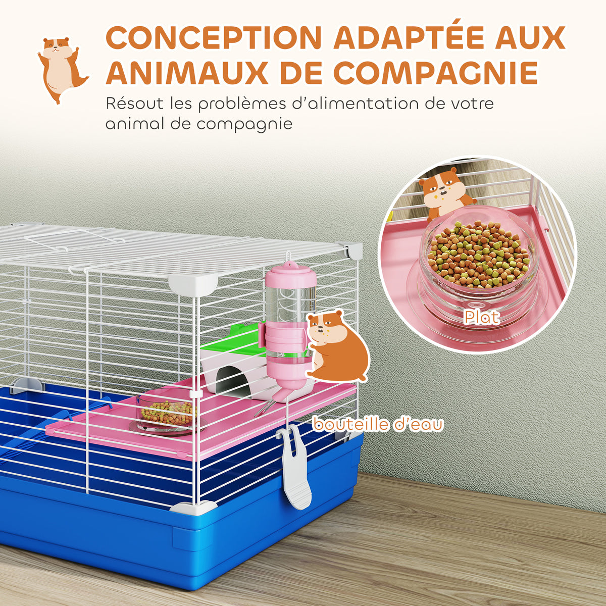 Cage Hamster, Cage Rongeur à 2 Niveaux, Base Amovible pour Nettoyage Facile, Cabane, Roue d'Exercice, 47x30x27cm, Bleu-3