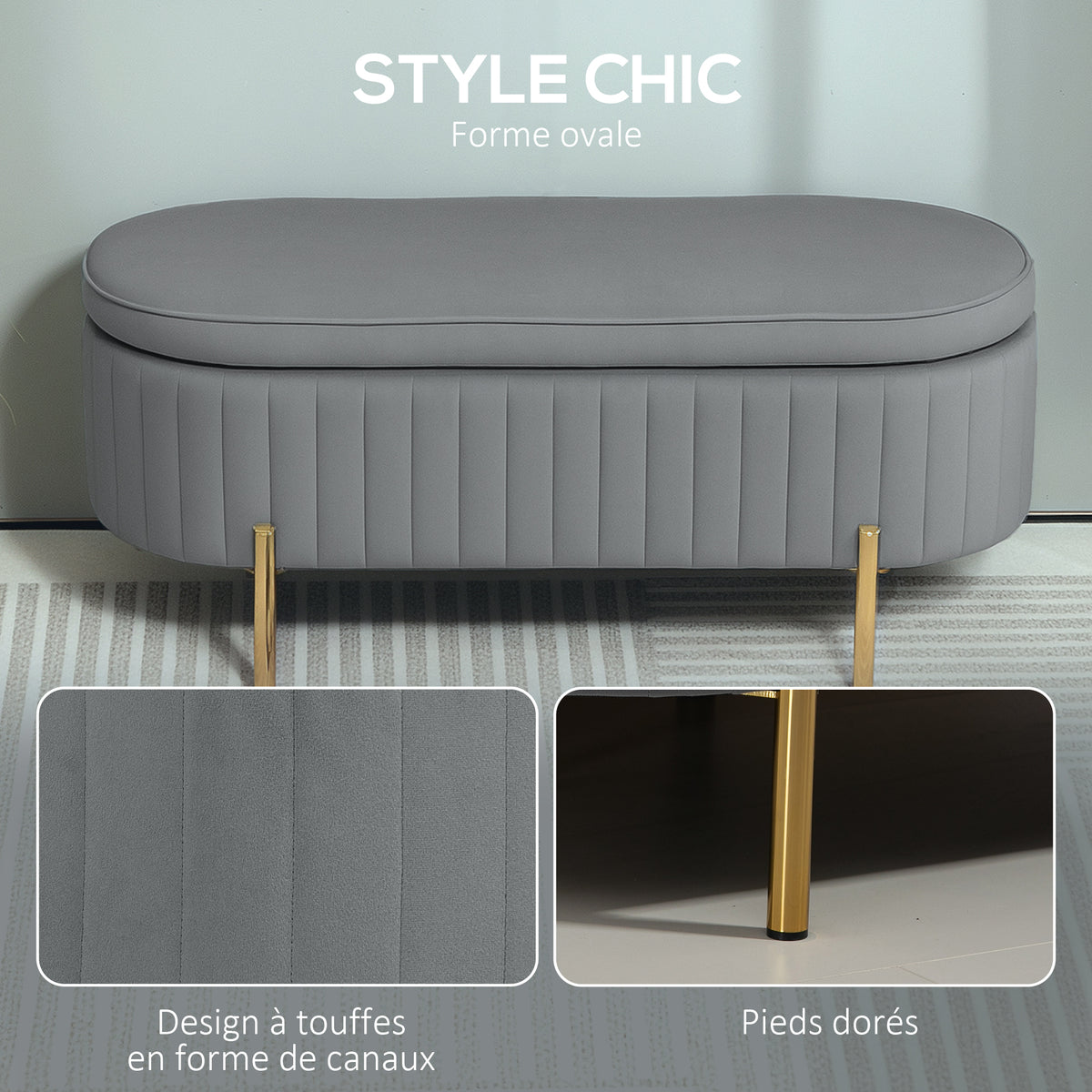 Banc de rangement, bout de lit en velours avec couvercle, pieds en métal, capacité 72 L, 107x42x45,5cm, gris-4