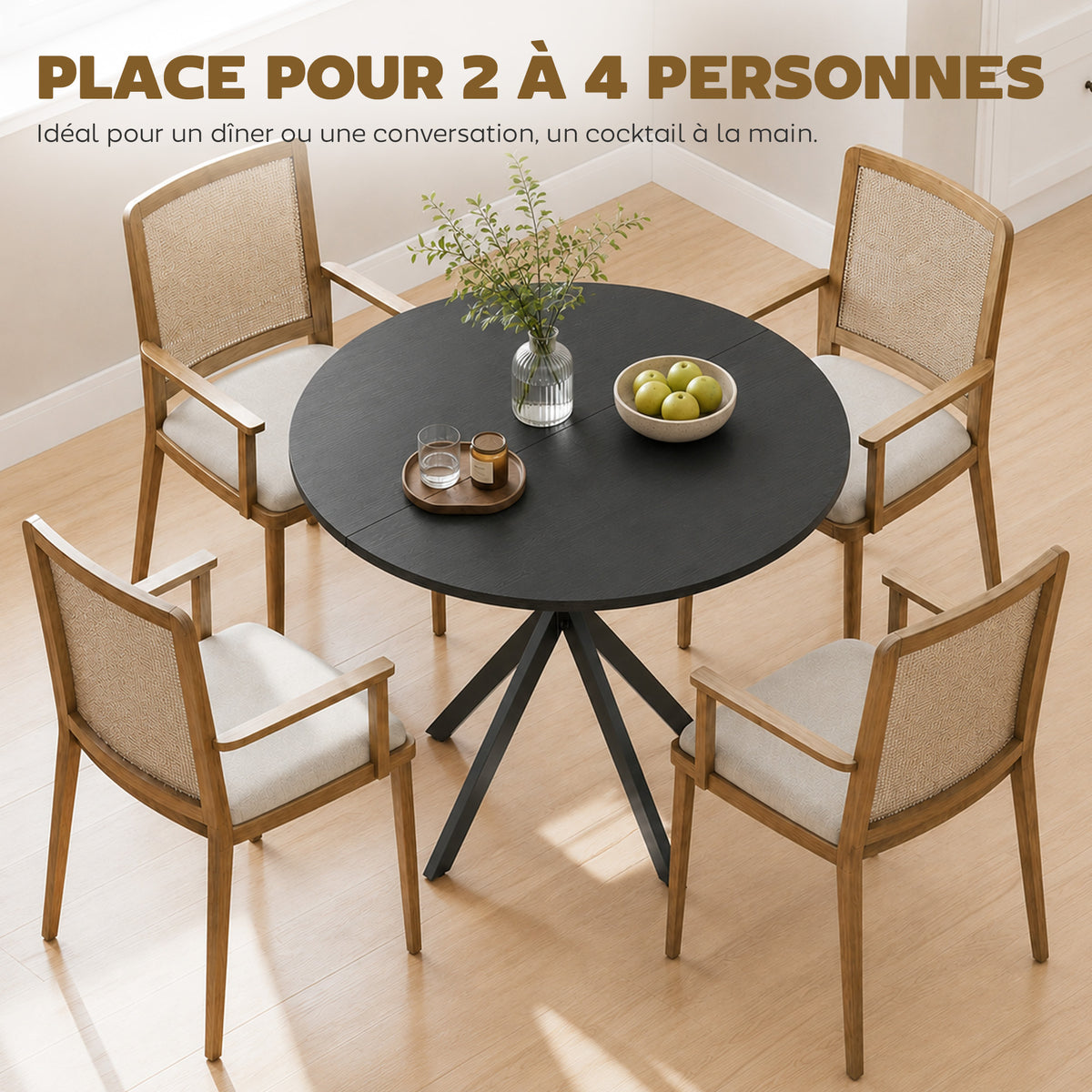 Table à Manger Ronde pour 2 Personnes avec Plateau Aspect Bois et Piètement Croisé en Acier, Noir-3
