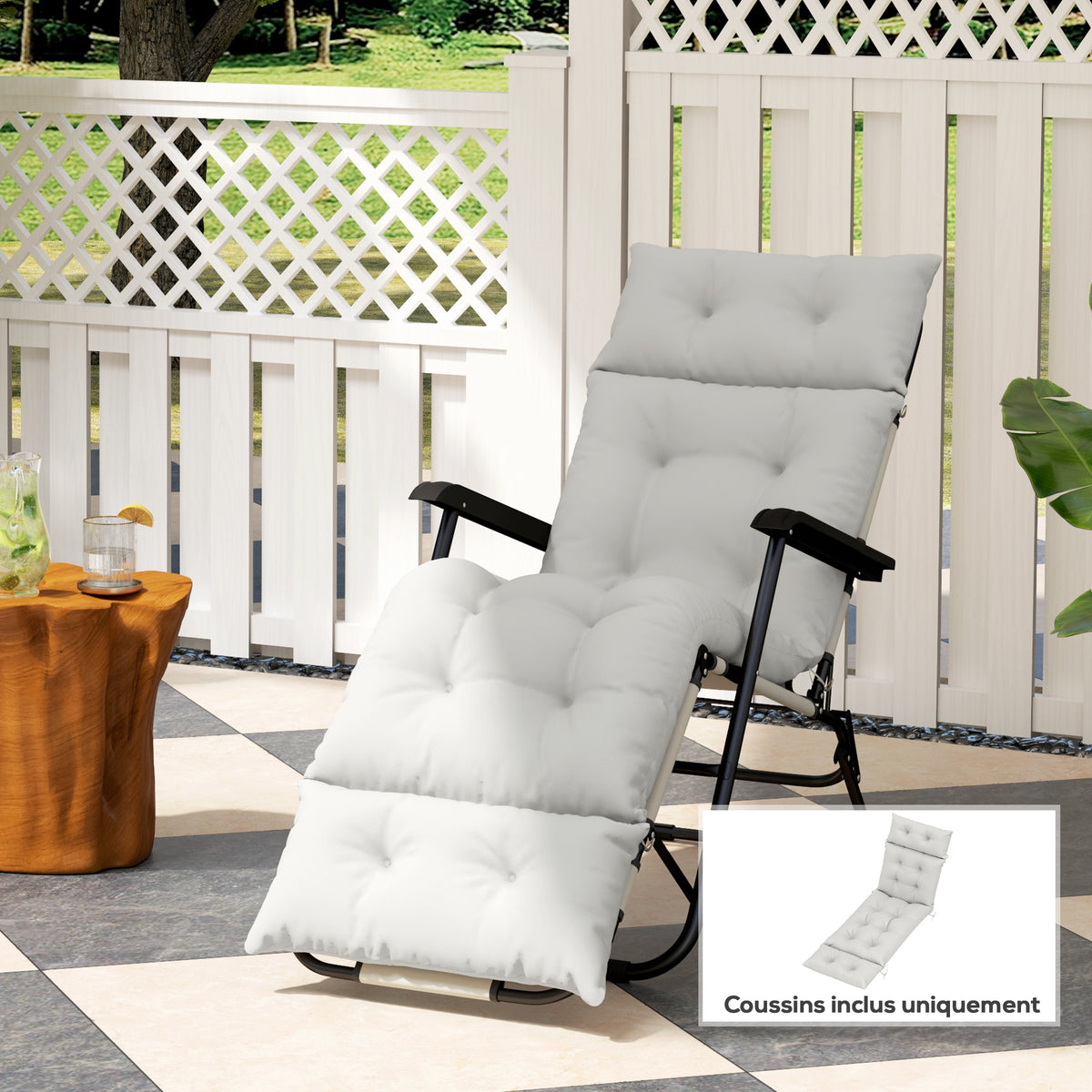 Coussin bain de soleil épais coussin chaise longue 190 x 56 x 10 cm, UPF20+, matelas transat six attaches, gris clair-1