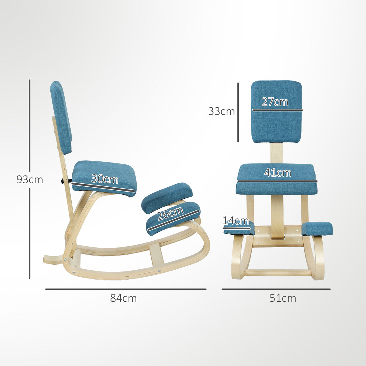 Chaise à genoux ergonomique avec dossier, siège assis genoux à bascule, correcteur de posture 51x84x93cm bleu foncé-2