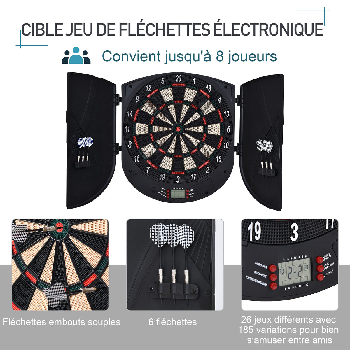 Cible de Fléchettes Électronique Refermable 26 Jeux jusqu'à 8 Joueurs Affichage LCD Haut-parleur Noir-4