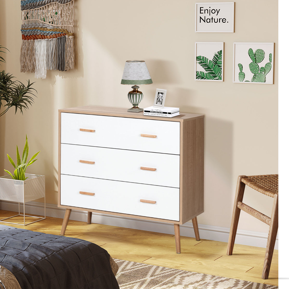 Commode Design scandinave 3 tiroirs coulissants Pieds effilés inclinés Panneaux Particules Aspect Bois Clair-7