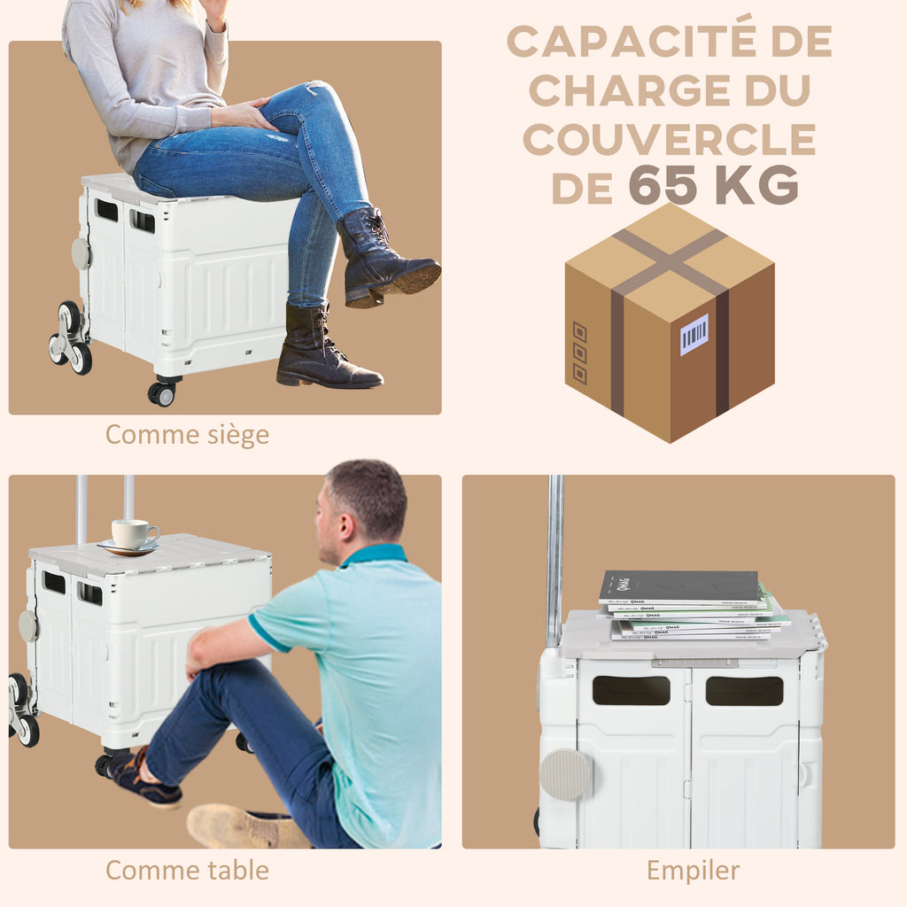 Chariot de courses pliable caddie de courses avec poignée télescopique réglable et couvercle charge max. 80 kg, blanc-5