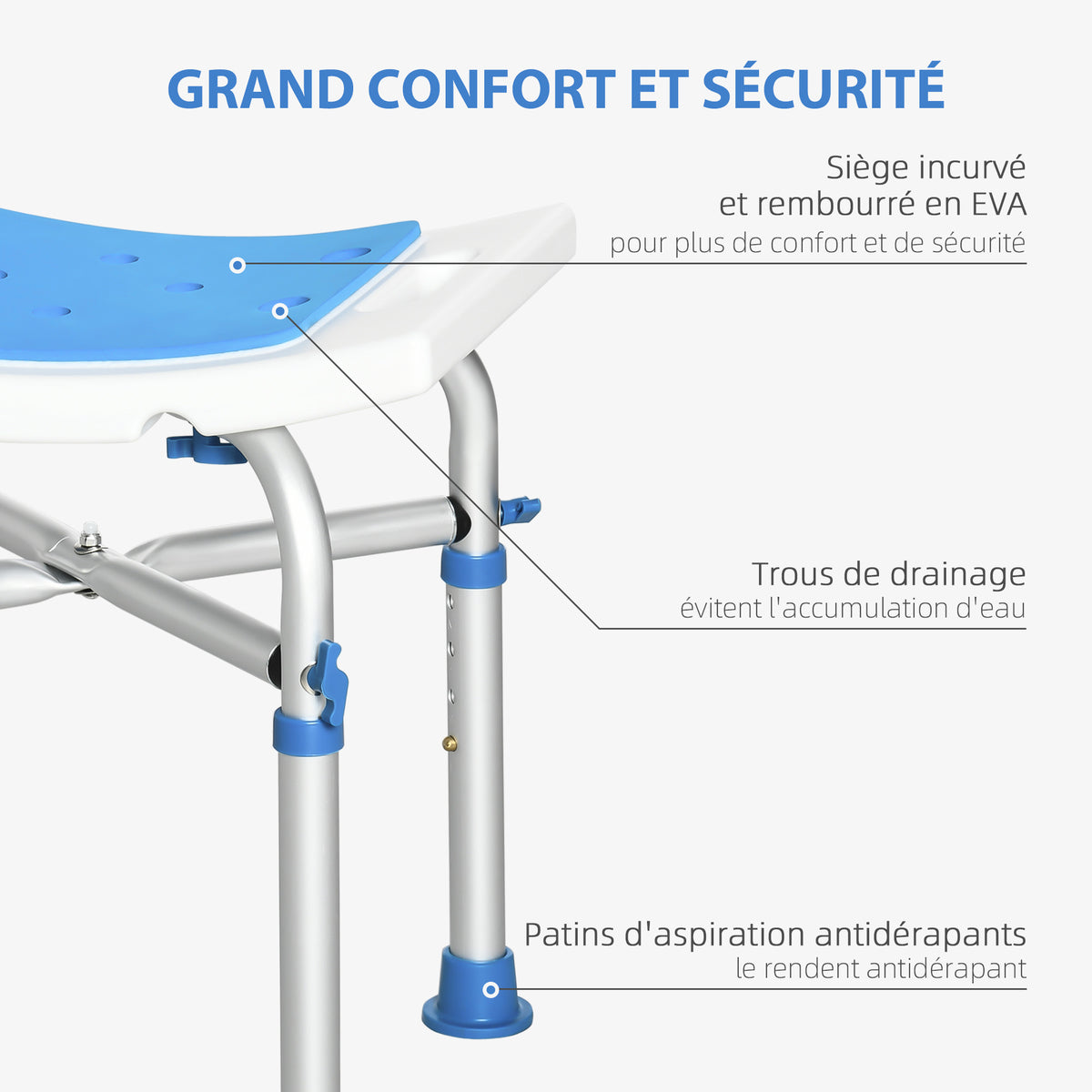 Tabouret de douche chaise de douche - assise rembourré et réglable, patins à ventouses antidérapants, en aluminium bleu-3