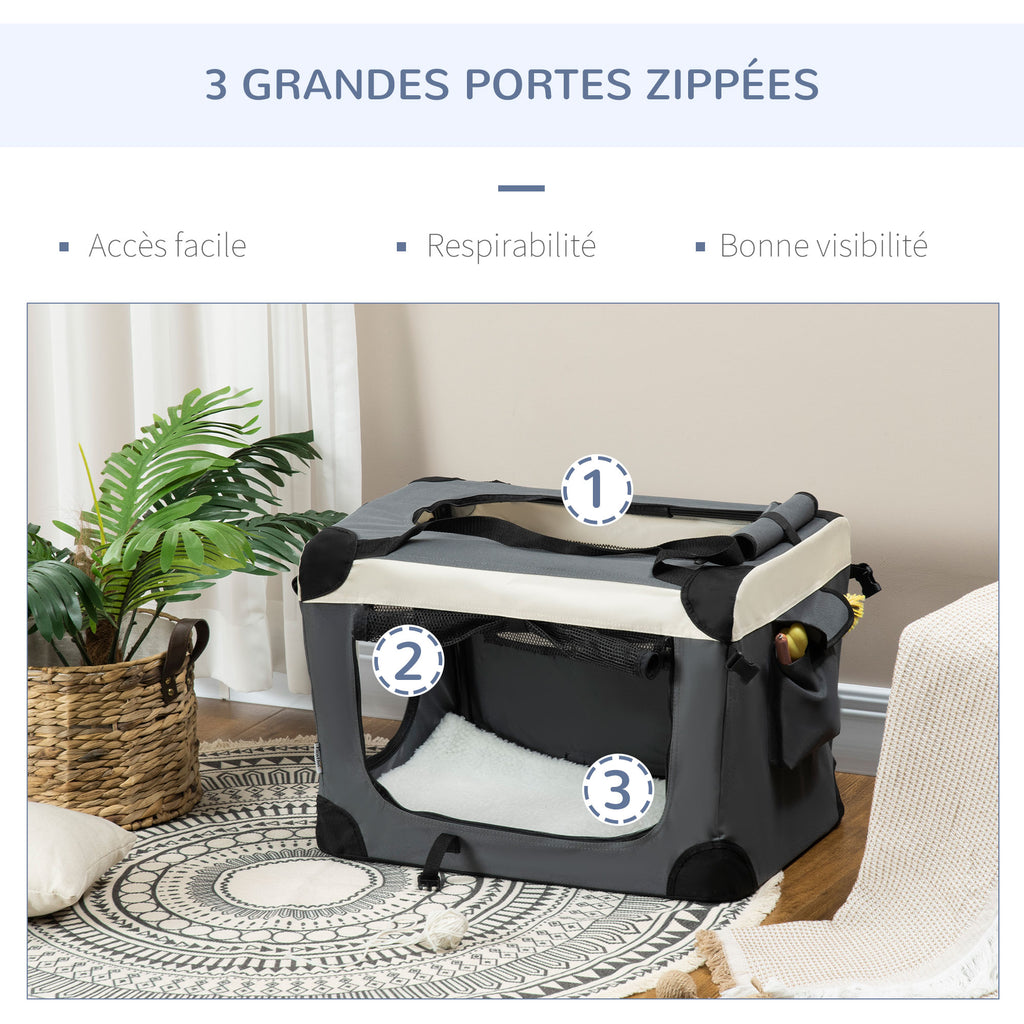 Sac de transport pliable - poignée, 3 entrées zippées, poche - coussin amovible - acier oxford polyester gris noir-3