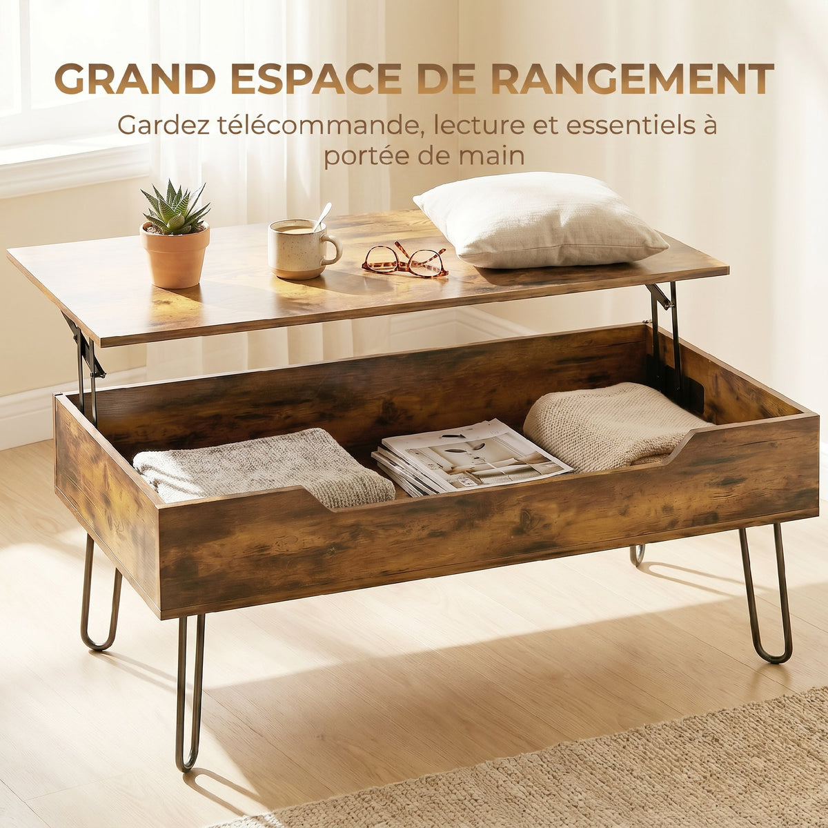 Table Basse Relevable en Bois avec Grand Rangement Caché, Hauteur Réglable, 95 x 50 x 40 cm, Marron Rustique-4