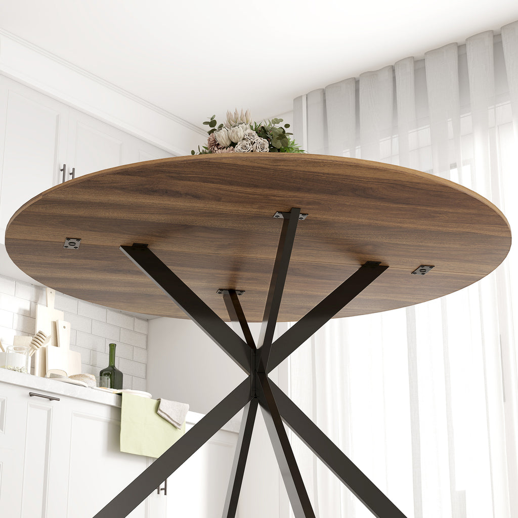 Table à manger ronde pour 4 personnes 120 cm style industriel avec plateau aspect bois, piètement croisé en acier, marron-8