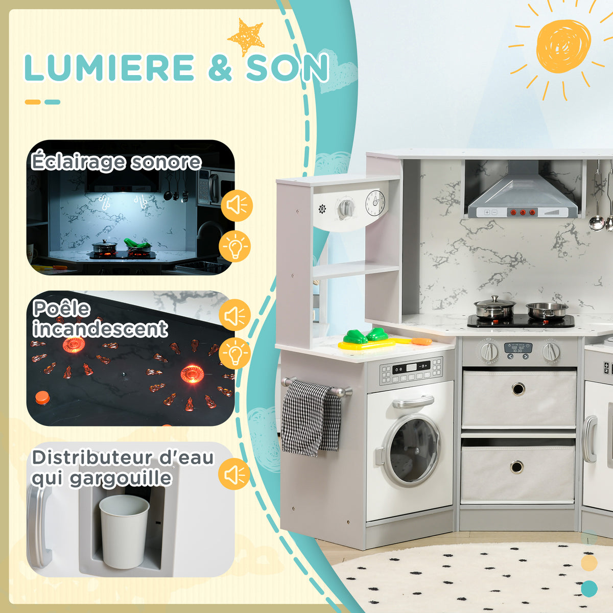 Cuisine enfant en bois avec 17 accessoires légumes en plastique boutons et lumières toque 3-6 ans gris blanc-4