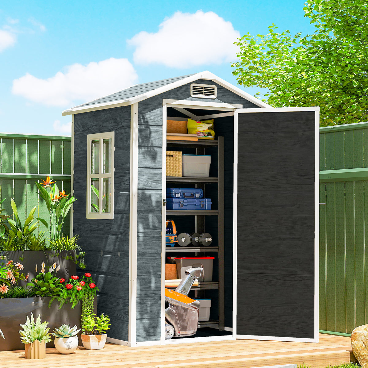 Abri de jardin en plastique avec plancher porte verrouillable fenêtre et ventilation  128 x 104 x196 cm gris-1