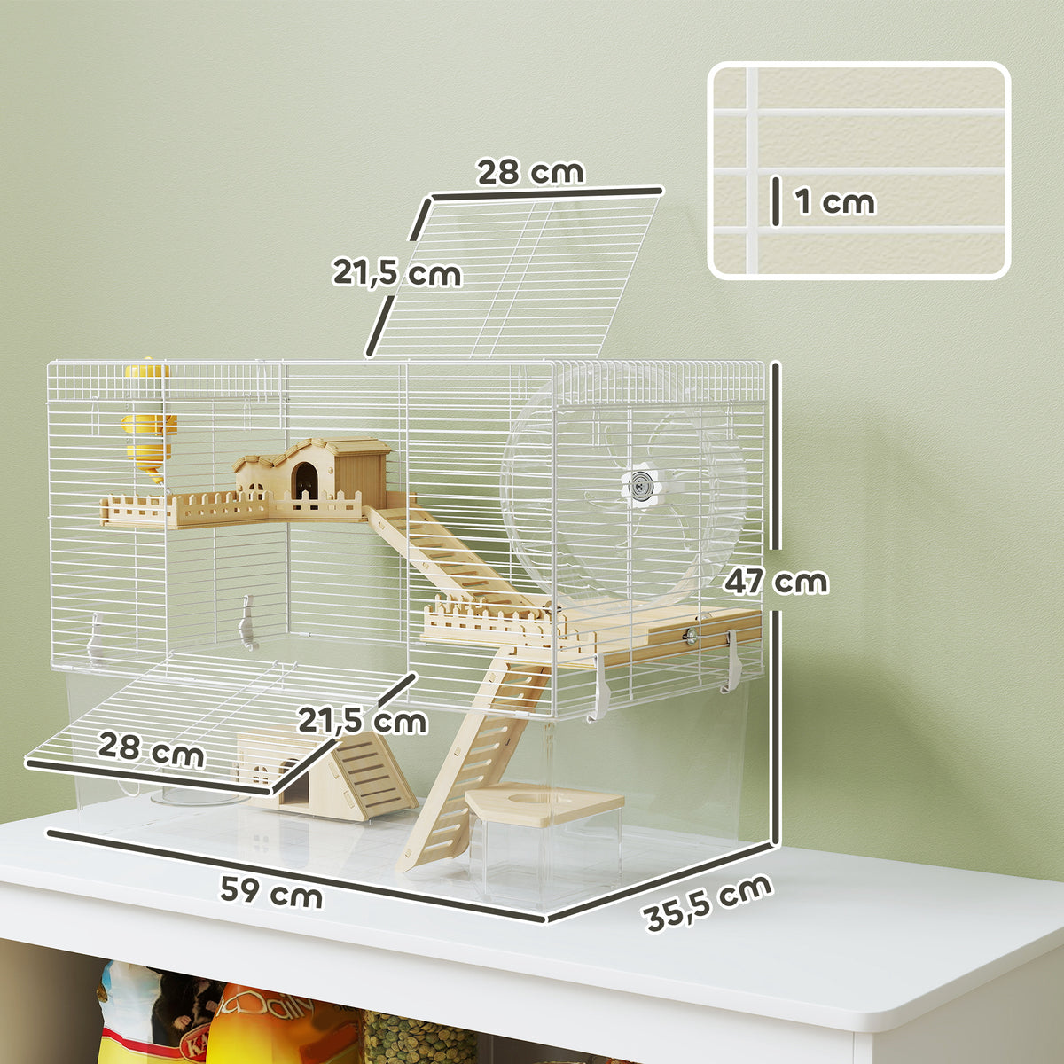 Cage à hamster à 3 niveaux, cage rongeur avec roue d'exercice, plateau profond transparent, 59 x 35,5 x 47 cm, blanc-2