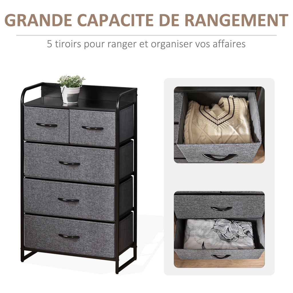 Commode Meuble de Rangement 5 tiroirs Pliables en Tissu 58 x 29 x 99 cm Gris-3
