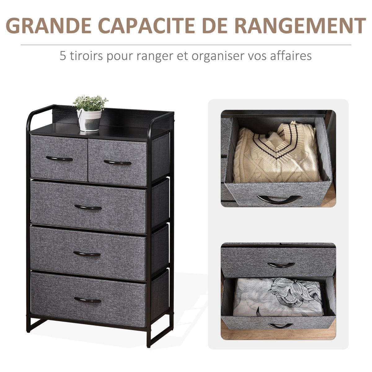 Commode Meuble de Rangement 5 tiroirs Pliables en Tissu 58 x 29 x 99 cm Gris-3