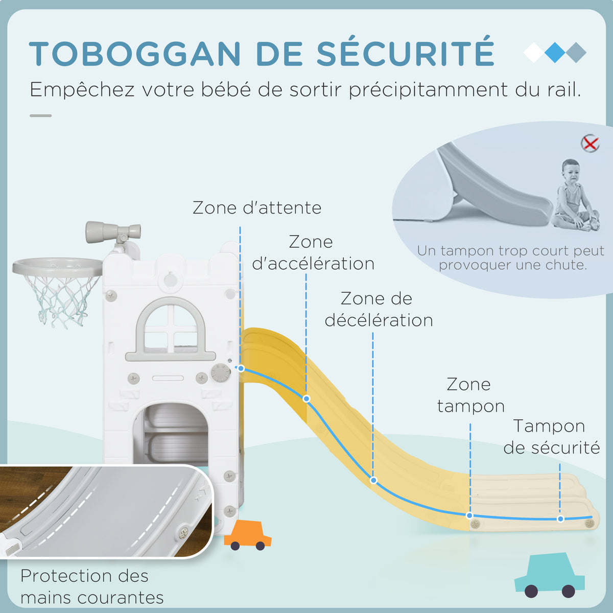 Toboggan pour enfants 5 en 1 avec panier de basket escalade télescope espace de rangement 70 x 177 x 92 cm gris-4