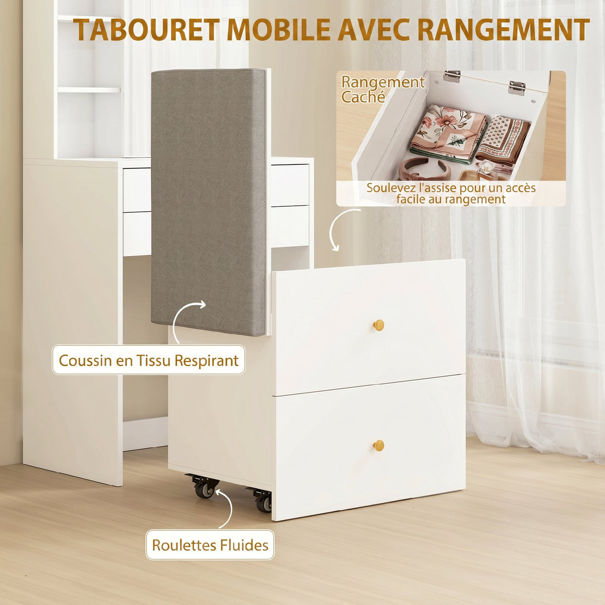 Coiffeuse avec miroir et tabouret de rangement mobile, table de maquillage, tiroirs, placard et étagères ouvertes, blanc-5