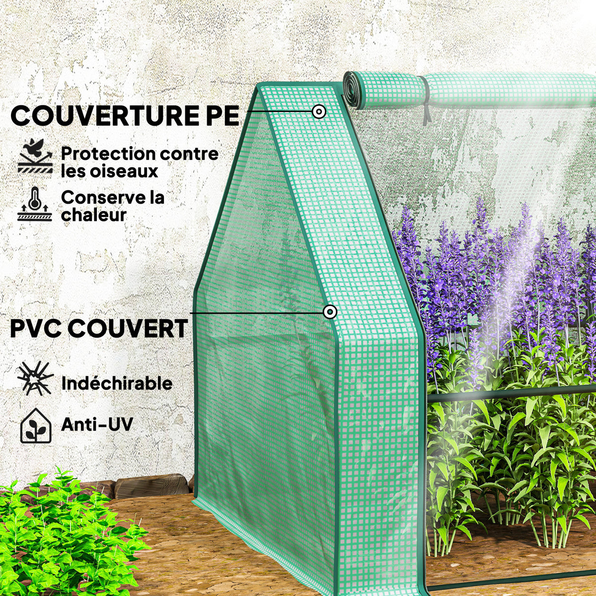 Mini Serre de Jardin mini serre tunnel 4 fenêtres avec Zip enroulables Acier PE 140 g/m² Anti-UV 360x90x90cm Vert-3