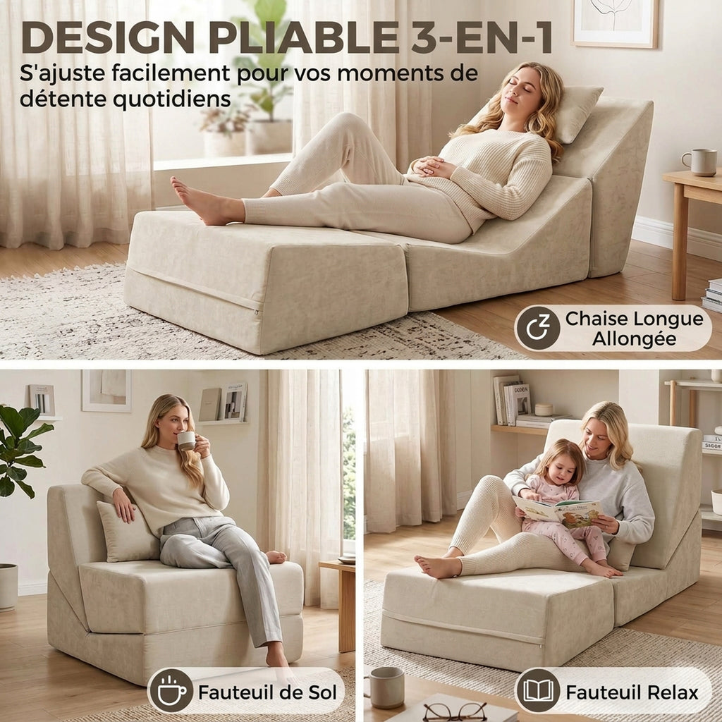 Canapé-Lit Pliant 3 en 1, Chauffeuse 1 Place Convertible en Chenille, Coussin et Dossier, Compressé Sans Montage, Beige-3
