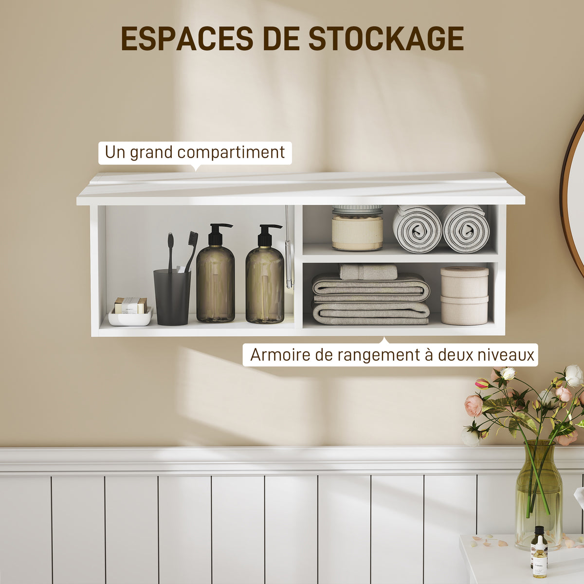 Armoire murale de salle de bain, meuble de rangement suspendu avec porte à charnières, 80 x 25 x 30 cm, blanc-4