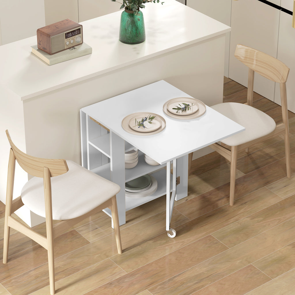 Table à Manger Pliante sur Roulettes, Table de Cuisine pour 2 à 4 Personnes avec Étagères de Rangement, Blanc-9