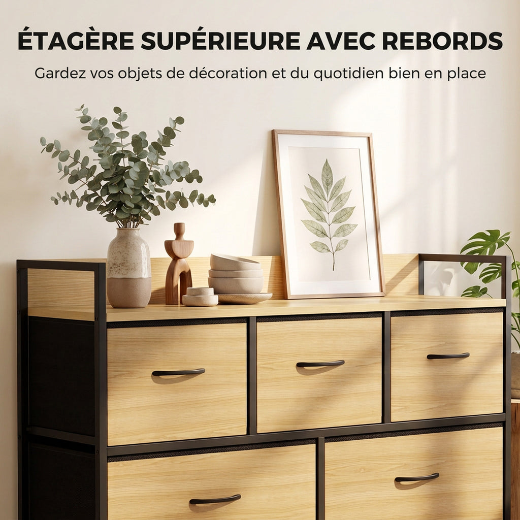 Commode, meuble de rangement avec 5 tiroirs en tissu pliables, plateau et cadre en acier, 98 x 29 x 63 cm, chêne-4
