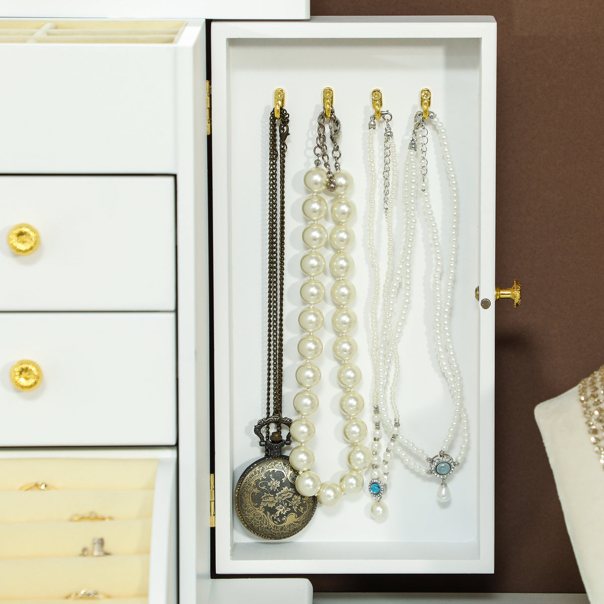 Boîte à Bijoux Femme à 4 Niveaux, Coffre à Bijoux en Bois avec Ailes, Miroir et 2 Tiroirs, 26,5x16 x33,5 cm, Blanc-7