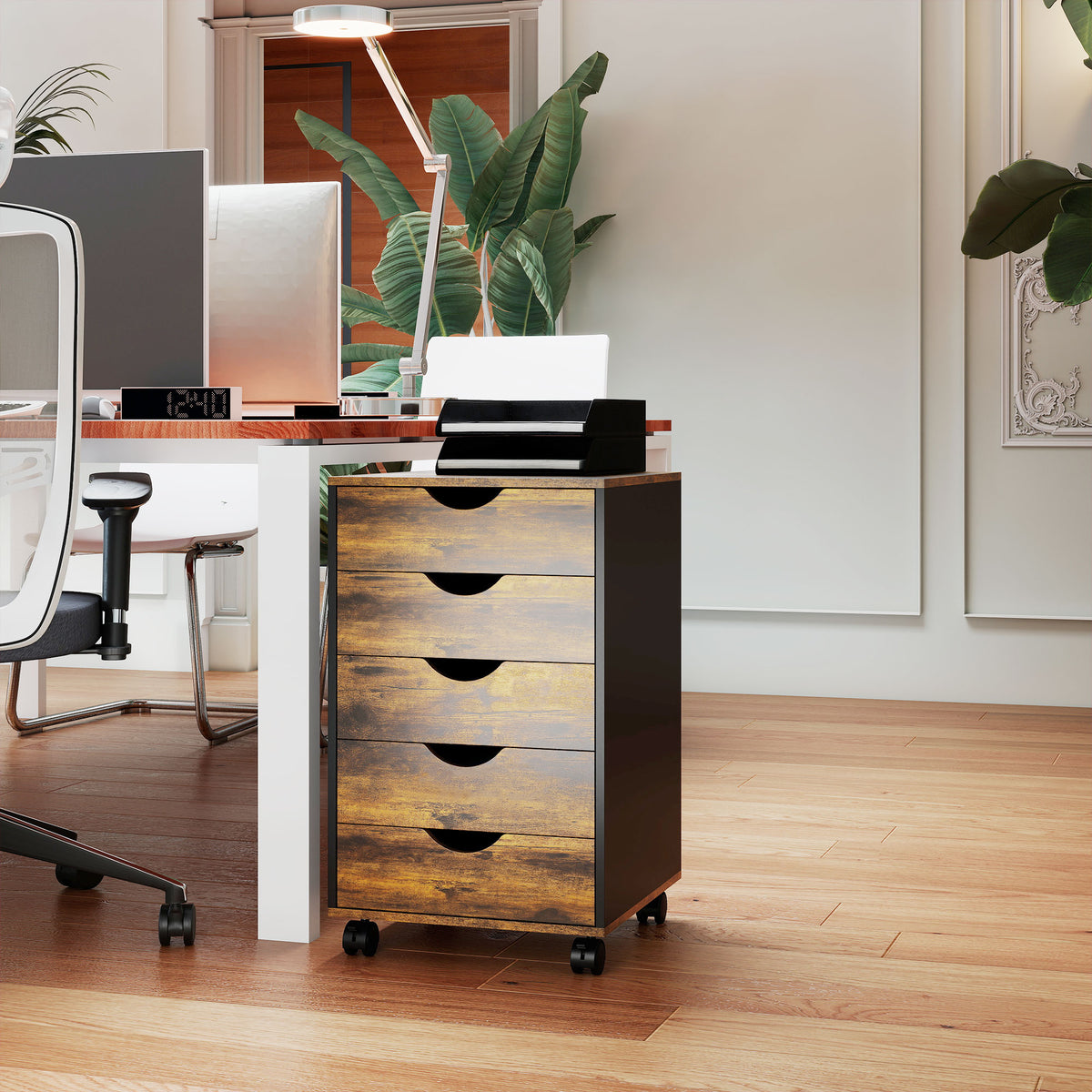Caisson bureau mobile, meuble rangement sur roulettes avec 5 tiroirs, bois, 40 x 40 x 67 cm, marron-7