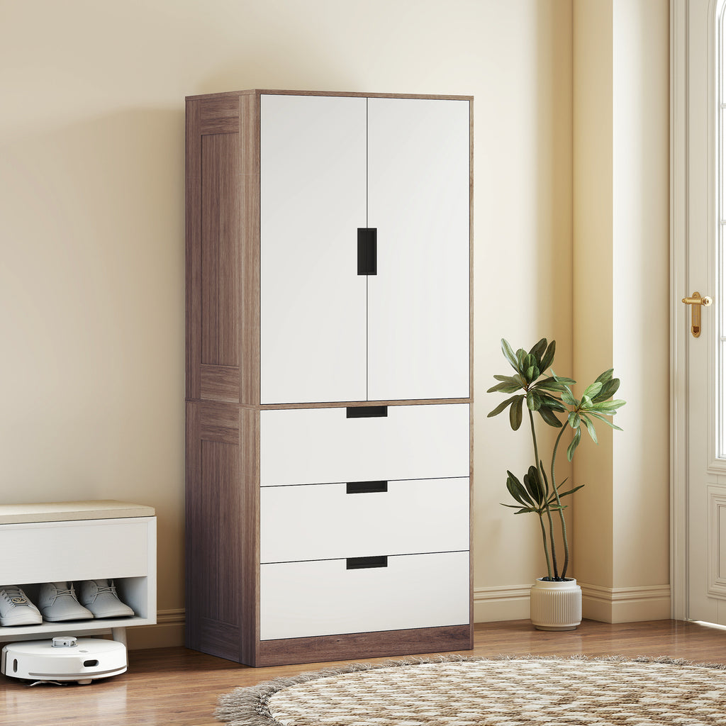 Armoire 2 portes, armoire moderne avec 3 tiroirs et tringle de suspension pour chambre à coucher, marron-9