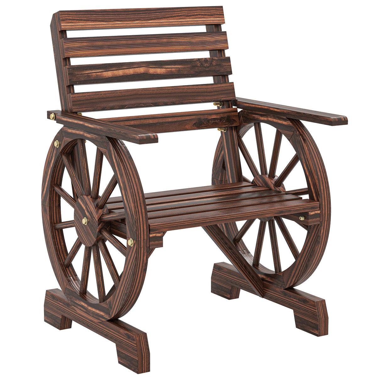 Chaise de Jardin en Bois, Style Roue de Chariot, Siège Large à Lattes, Dossier Incliné, 66x55x90cm, Finition Carbonisée-0