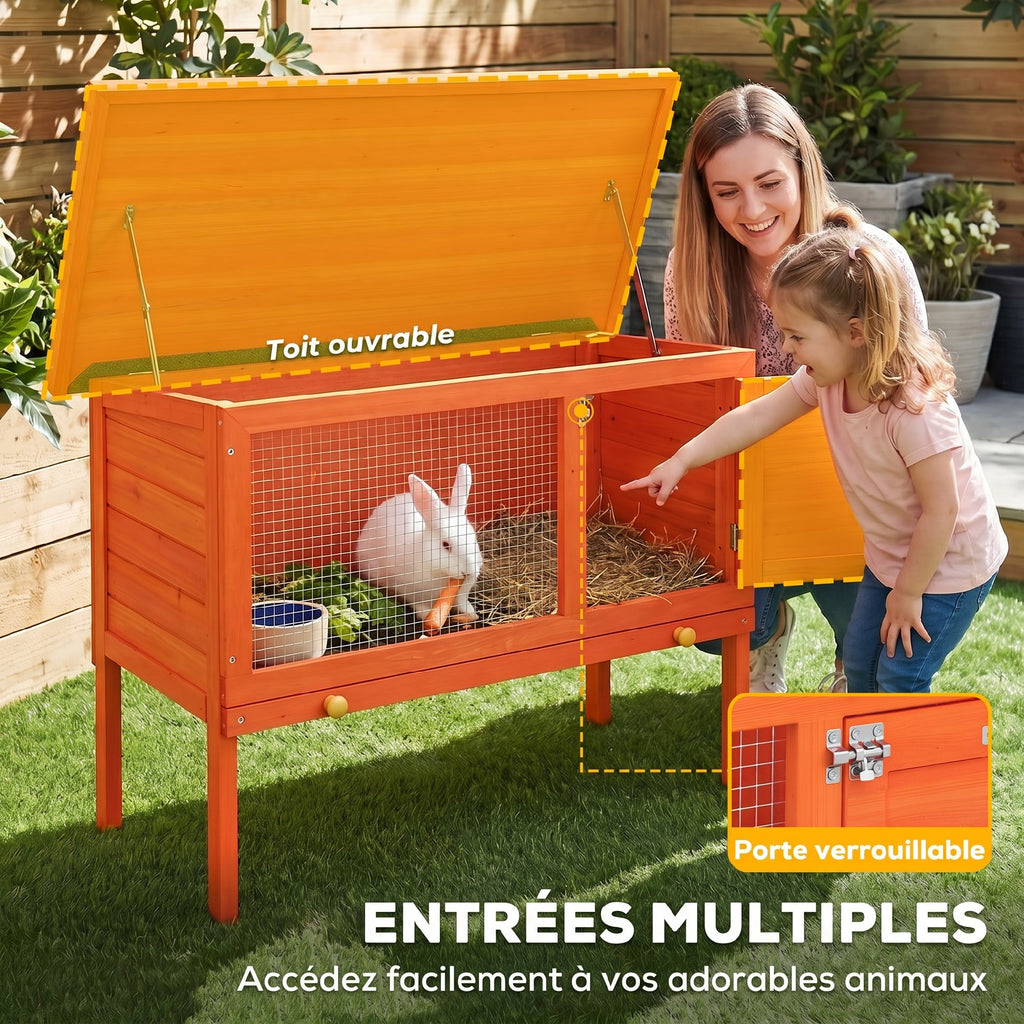 Clapier Lapin Extérieur en Bois, Toit Ouvrable en Asphalt et Plateau Coulissant, Design Surélevé, 90x45x65cm, Orange-4