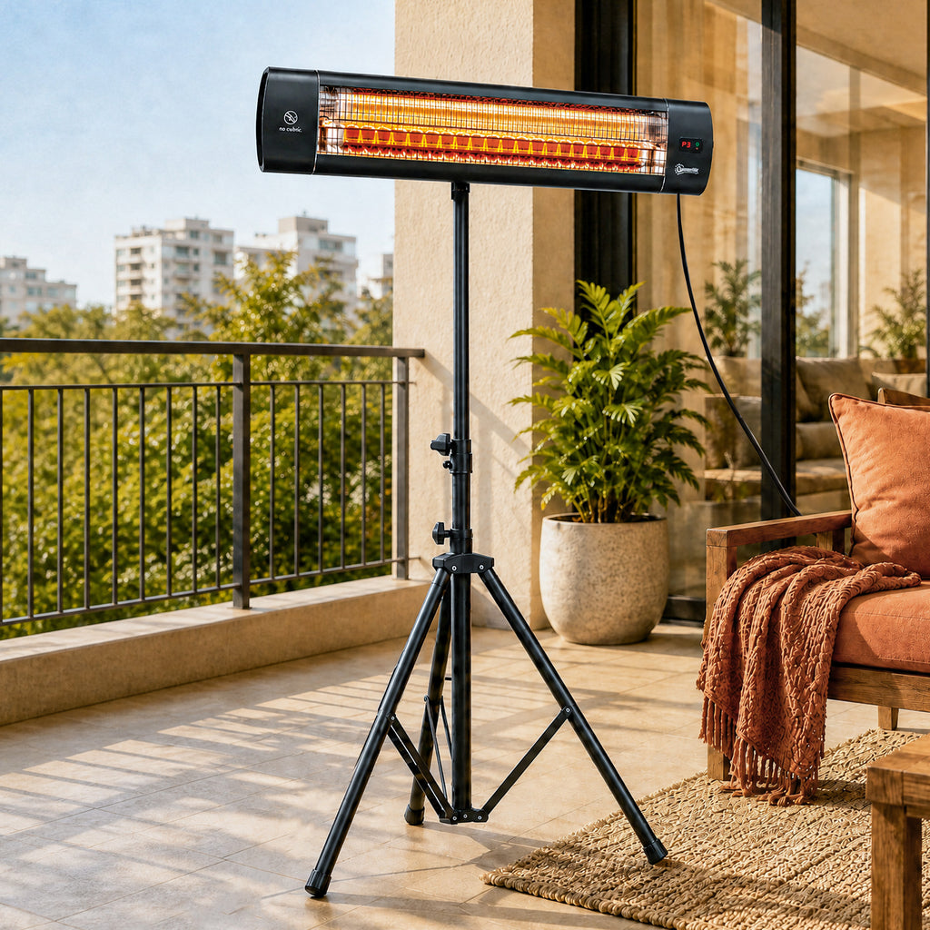 Radiateur Infrarouge sur Pied 2500 W IP65, Télécommande, Minuterie, 3 Niveaux, Hauteur Réglable, 87x81x180cm, Noir-1
