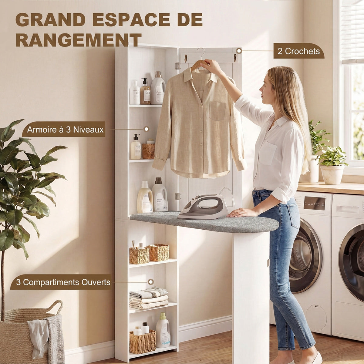 Armoire de Planche à Repasser Pliable avec Miroir, Armoire de Rangement avec 6 Compartiments, 2 Crochets, Blanc-6