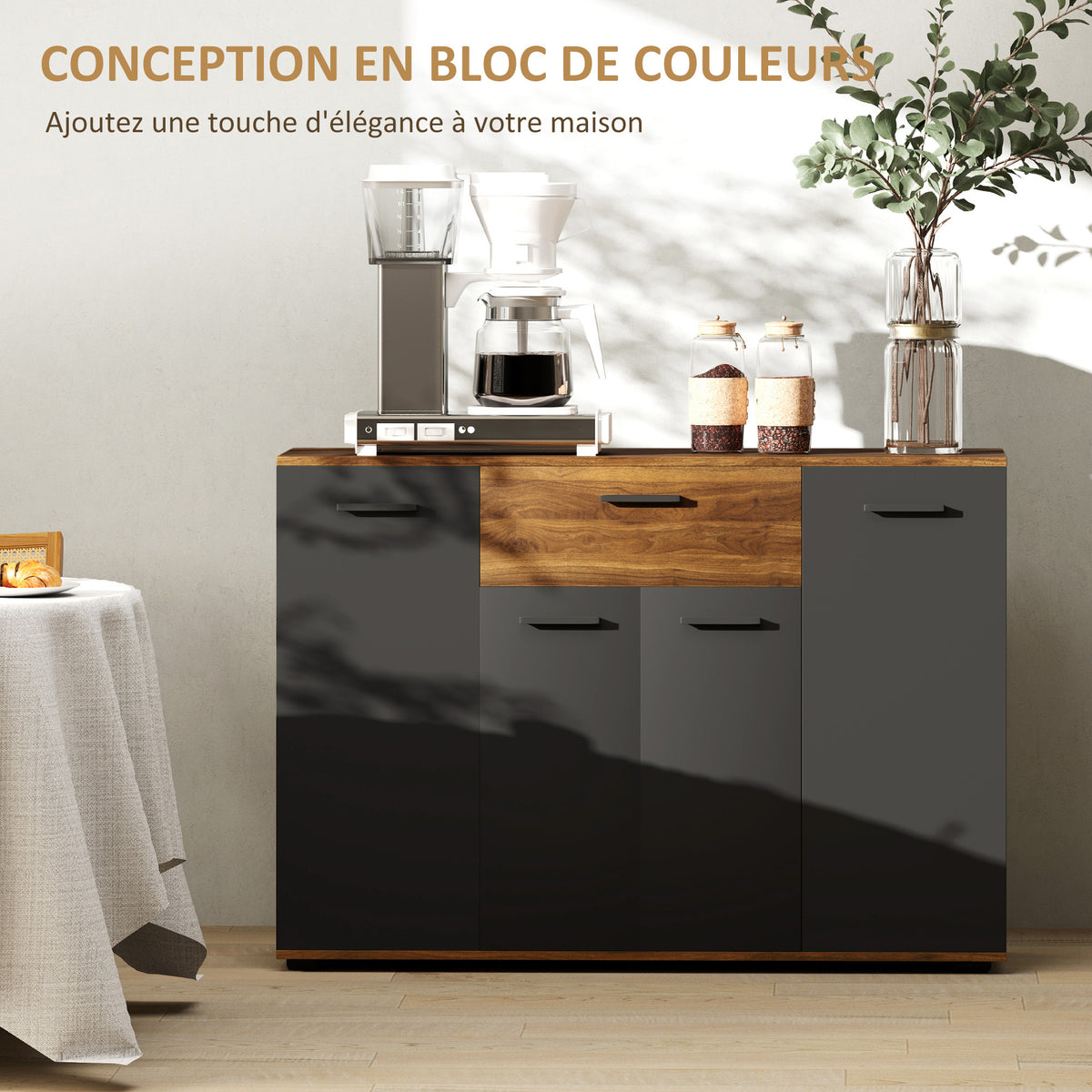 Buffet salon meuble de rangement avec 4 placards, tiroirs et étagères réglables, dim. 120 x 35 x 85 cm, marron et noir-3