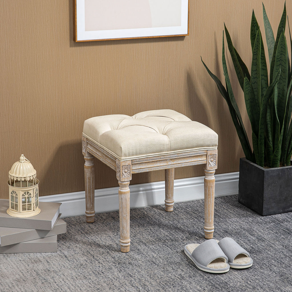 Repose pied salon, ottoman, siège rembourré en tissu aspect lin avec pieds en bois d'hévéa, 40 x 40 x 43 cm, beige-9