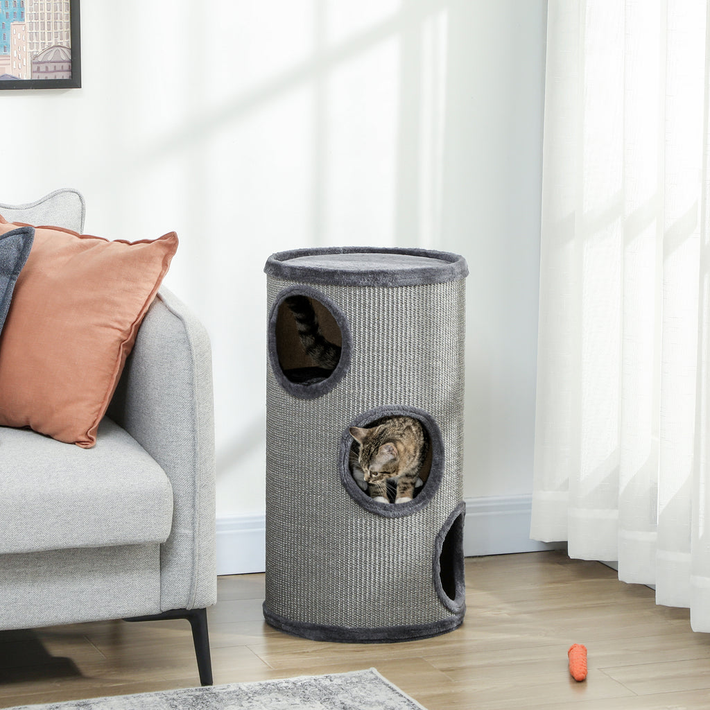 Tonneau à gratter pour chat, tour à griffer en sisal à 3 niveaux recouvert de peluche, Ø 38 x 70 cm, gris clair-9