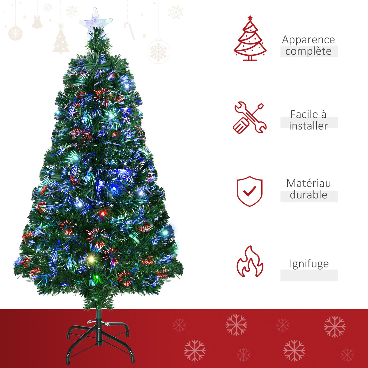 Sapin Noël Artificiel Lumineux 120H cm Fibre Optique LED Multicolore + Support Pied 130 Sommet Brillante Vert-3