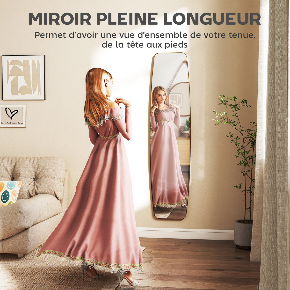 Grand miroir mural ovale 160 x 40 cm, miroir suspendu moderne, cadre en métal et bois, prêt à accrocher, doré-4