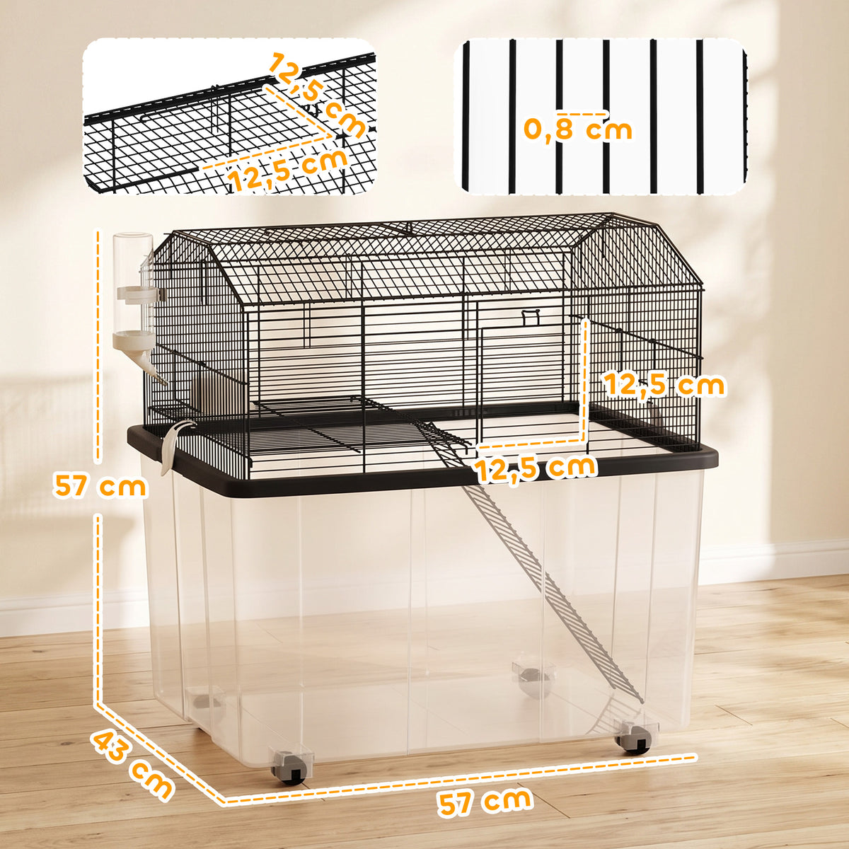 Cage hamster cage rongeur 2 étages avec roulettes plate-forme et échelle en fil d'acier 57 x 43 x 57 cm noir-2