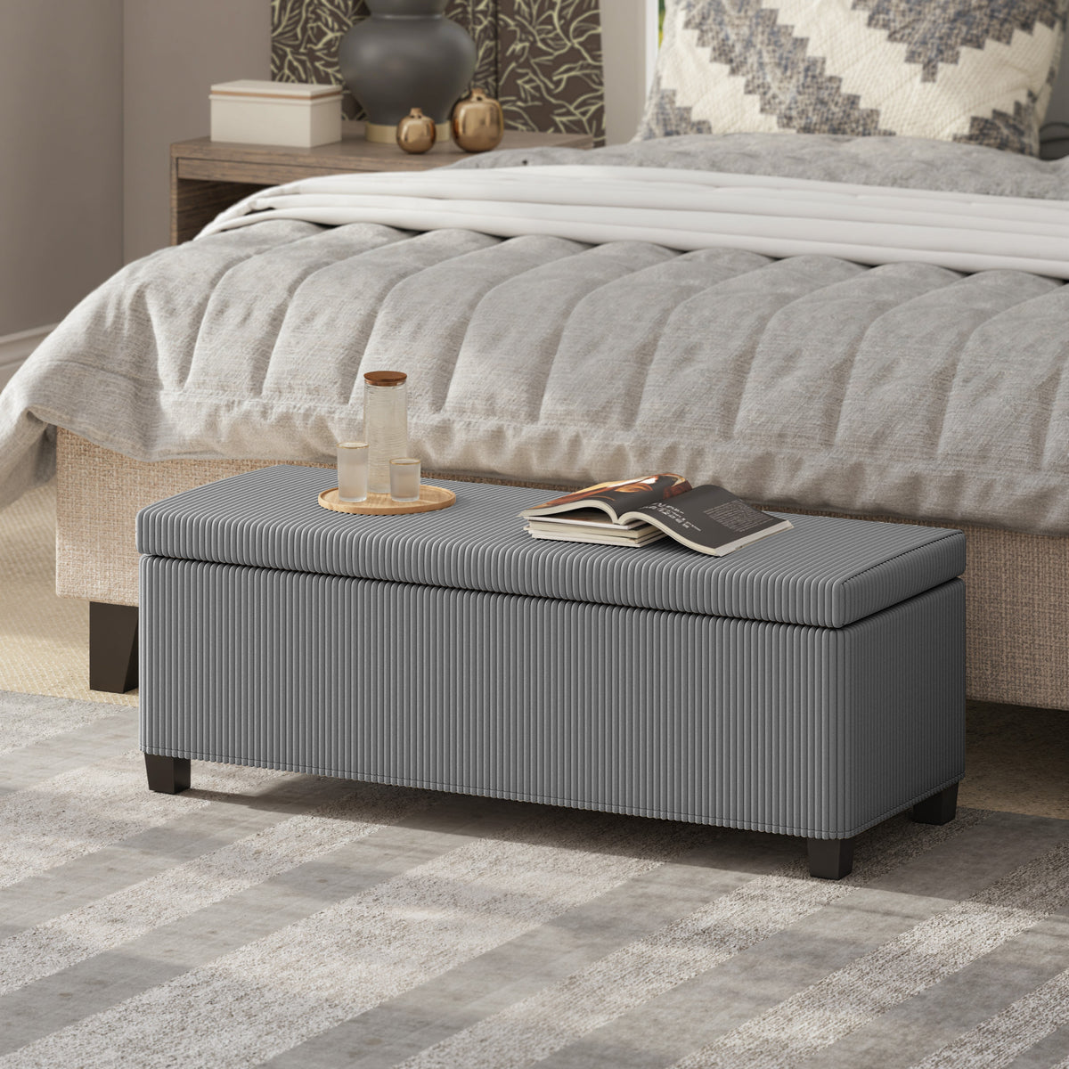 Banc de rangement bout de lit en velours côtelé avec couvercle, pour salon, chambre, entrée, 112 x 42 x 40 cm, gris-1