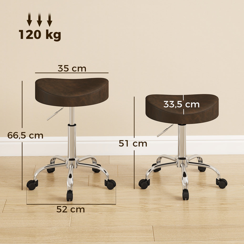Tabouret à roulettes, tabouret de salon avec hauteur réglable 51-66 cm et assise rembourrée, pivotant 360°, marron-2