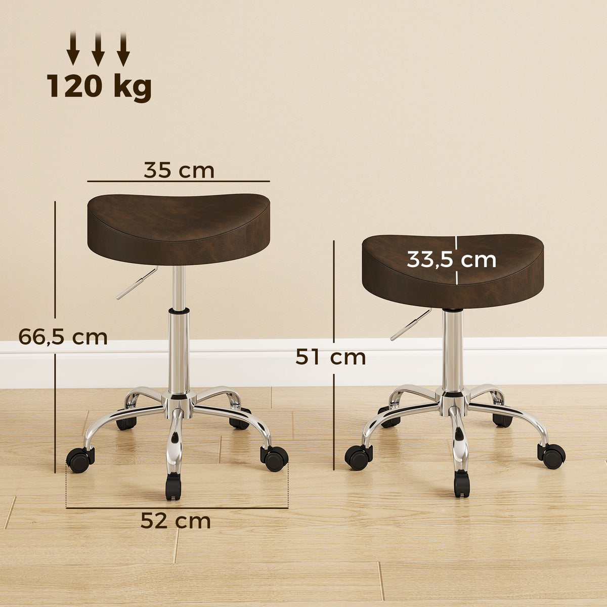 Tabouret à roulettes, tabouret de salon avec hauteur réglable 51-66 cm et assise rembourrée, pivotant 360°, marron-2
